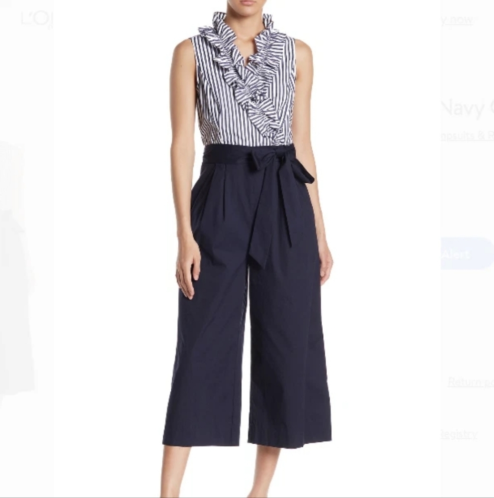 NWT Eliza J Surplice Neck Jumpsuit 4 Navy Stripe Ruffle Collar Wide Leg Cropped